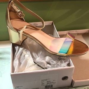 Metallic Block Heel Sandals with Holographic Strap